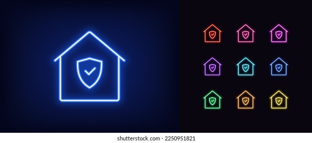 Outline neon home icon. Glowing neon house frame with shield and check sign, real estate guard pictogram. Safe deal and insurance guarantee, security and property protection. Vector icon set