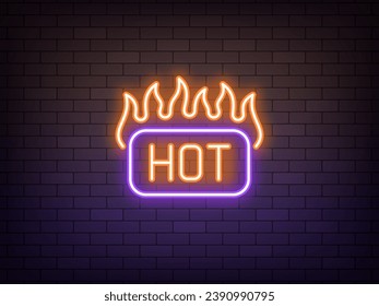 Outline neon Hot icon, orange violet. Glowing neon Hot tag button with fire. Burning label with text Hot. Super price deal, top hit offer. Fiery title, burning tag for promotion and ad. Vector icon