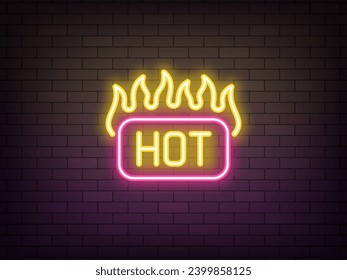 Outline neon Hot icon, yellow pink. Glowing neon Hot tag button with fire. Burning label with text Hot. Super price deal, top hit offer. Fiery title, burning tag for promotion and ad. Vector icon
