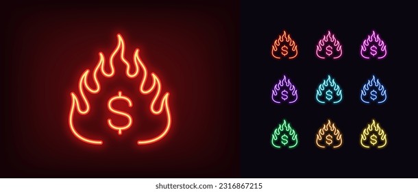 Outline neon hot money icon. Glowing neon fire with dollar sign, burning money cash. Overheated market, economic recession, debt and economy crisis, hot dollar, burning finance system. Vector icon set