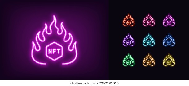 Outline neon hot NFT offer icon. Glowing neon fire frame with NFT sign, gaming token liquidation. Hot NFT collection, burning digital token, NFT marketplace, virtual cryptocurrency. Vector icon set