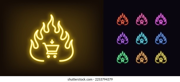 Outline neon hot offer icon. Glowing neon fire frame with shop cart sign, hot online shopping pictogram. Top best purchases, super fire sale, popular online stores, bestseller hit. Vector icon set