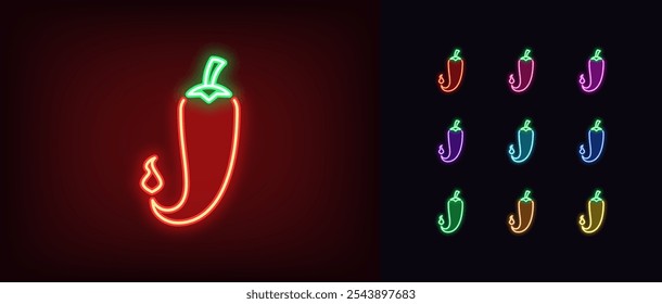 Conjunto de iconos de neón de pimienta caliente. Pimienta de neón brillante con poco fuego, comida picante. Pimienta jalapeña, sabor extra caliente, cocina picante, especia de pimentón, salsa de chile, sabor a fuego. Iconos del vector