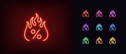 Outline Neon Hot Percent Icon. Glowing Neon Percentage Sign With Fire, Burning Sale Pictogram. Fiery Discount Tag, Hot Offer Label, Special Price And Promo Action, Super Sale. Vector Icon Set For UI