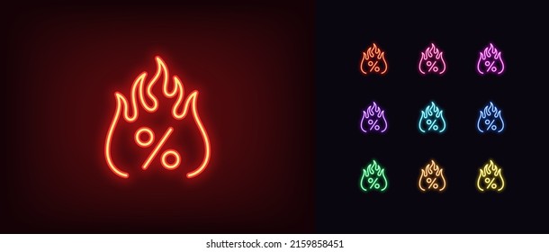 Outline neon hot percent icon. Glowing neon Percentage sign with fire, burning sale pictogram. Fiery discount tag, hot offer label, special price and promo action, super sale. Vector icon set for UI