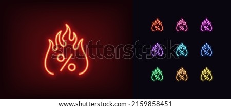 Outline neon hot percent icon. Glowing neon Percentage sign with fire, burning sale pictogram. Fiery discount tag, hot offer label, special price and promo action, super sale. Vector icon set for UI