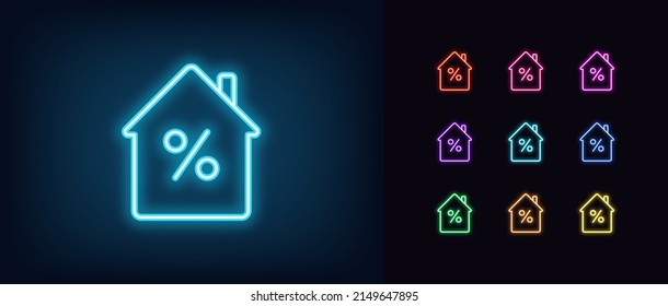 Esquema del icono de la casa de neón. Casa de neón brillante con signo de porcentaje, pictograma hipotecario de casa. Seguro inmobiliario, inversión, reserva de apartamentos y alquiler. Conjunto de iconos del vector, símbolo para la interfaz de usuario