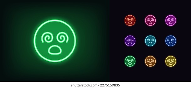 Outline neon hypnotized emoji icon. Glowing neon dizzy emoticon with spiral eyes and open mouth, confused zombie face pictogram. Madness emoji, raving emoticon, psychedelic face. Vector icon set