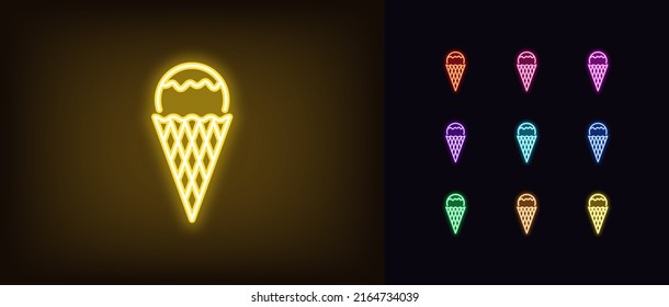 Outline neon ice cream icon. Glowing neon Ice cream ball with waffle cone, dessert pictogram. Gelato ice cream with melt chocolate or fruit jam, frozen sweet dessert, ice cream shop. Vector icon set