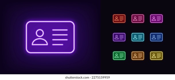 Icono de la tarjeta de identificación de neón de esquema. Tarjeta de identificación personal de neón brillante, pictograma de licencia de conducir. Documento nacional de identidad, pasaporte, identidad de identificación, placa personal, pase de trabajo, verificación. Conjunto de iconos del vector