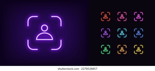 Outline neon ID scanner icon. Glowing neon user identification system, person recognition pictogram. Personal verification, identity authorization, face scanner, biometric access. Vector icon set