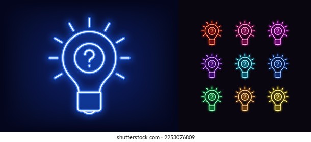 Outline neon idea lamp icon. Glowing neon lamp frame with question mark, find idea. Inspiration search, creative problem solution, quest and puzzle, questionnaire and quiz. Vector icon set