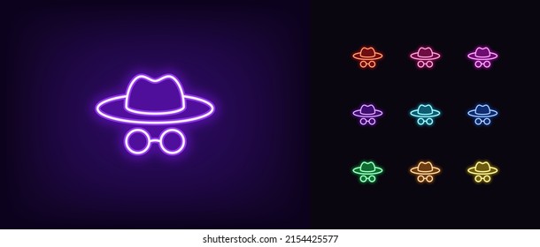 Outline neon incognito man icon. Glowing neon foreign agent and spy with hat and glasses, detective pictogram. Anonym face, invisible mode, hidden person, hacker and spyware. Vector icon set for UI