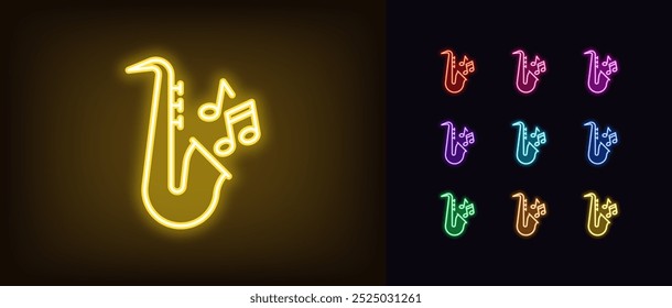 Conjunto de iconos de música de neón jazz. Saxofón de neón brillante con notas musicales. Jazz fiesta retro, música clásica en vivo, festival musical y espectáculo de jazz, juego de melodía de saxo dorado, concierto de música. Iconos del vector