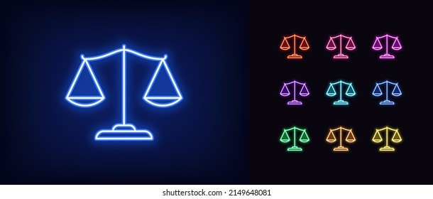 Outline neon justice scales icon. Glowing neon judge scales sign, libra pictogram. Legal judgement, justice balance, honest law, court and trial, lawyer agency. Vector icon set, symbol for UI