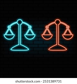 Icono de escamas de justicia de neón. Signo de escamas de juez de neón brillante, pictograma de libra. Juicio legal, equilibrio judicial, ley honesta, tribunal y Prueba, agencia de abogados. Conjunto de iconos de Vector, símbolo para UI.5