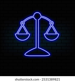 Icono de escamas de justicia de neón. Signo de escamas de juez de neón brillante, pictograma de libra. Juicio legal, equilibrio judicial, ley honesta, tribunal y Prueba, agencia de abogados. Conjunto de iconos de Vector, símbolo para UI.4.