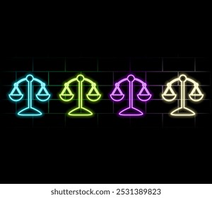 Icono de escamas de justicia de neón. Signo de escamas de juez de neón brillante, pictograma de libra. Juicio legal, equilibrio judicial, ley honesta, tribunal y Prueba, agencia de abogados. Conjunto de iconos de Vector, símbolo de UI.3.