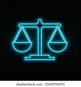 Icono de escamas de justicia de neón. Signo de escamas de juez de neón brillante, pictograma de libra. Juicio legal, equilibrio judicial, ley honesta, tribunal y Prueba, agencia de abogados. Conjunto de iconos de Vector, símbolo para la interfaz de usuario.