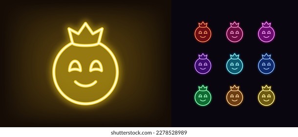 Esbozar el icono del emoji rey neón. Emoticono real de neón brillante con corona, pictograma de la cara del rey sonriente. Sonrisa mona real, reino bondadoso, imperio de la alegría, corona real, emoticono simpático emperador. Conjunto de iconos del vector