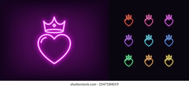 Conjunto de iconos de neón rey amor. Corazón real de neón brillante con corona, reino de amor. Corazón de rey o reina, autoridad de amor real, imperio amour, corazón majestuoso con corona real, donación. Iconos del vector