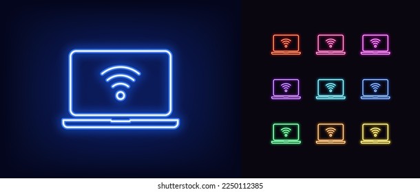 Outline neon laptop icon. Glowing neon laptop screen frame with wifi sign, internet connection pictogram. Wifi signal and hotspot, wireless internet access, free wifi. Vector icon set