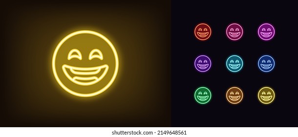 Outline neon laugh emoji icon. Glowing neon laughing emoticon sign, humor face pictogram. Funny joke, comic emoji, giggle face, fun mood, jest mouth. Vector icon set, symbol for UI