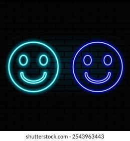 Contorno de ícone emoji risada de neon. Sinal de emoticon de risada de néon brilhante, pictograma de rosto de humor. Piada engraçada, emojis cômicos, cara de risadinha, humor divertido, boca de brincadeira. Conjunto de ícones de vetor, símbolo da interface do usuário.