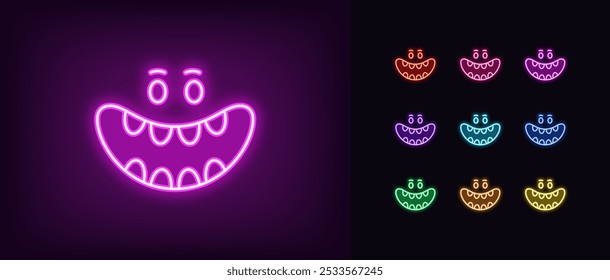 Outline neon laugh mouth icon set. Glowing neon cartoon monster face with laughing mouth, haha expression. Laughter emoticon, crazy smile, funny joke, comic emoji, monster giggle. Vector icons