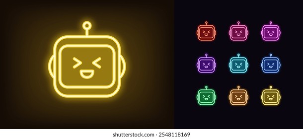 Contorno neon rindo ícone robô conjunto. Robô de bate-papo neon brilhante com cara de risada. Amigável assistente virtual com emoção, bonito bot emoji com algoritmos de IA, tecnologia chatbot, assistente digital. Ícone de vetor