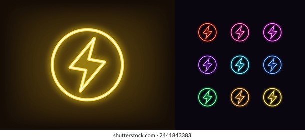 Conjunto de iconos de relámpago de neón. Relámpago eléctrico de neón brillante con marco de círculo. Vehículo eléctrico, logotipo de rayo redondo, estación de carga de batería, energía eléctrica y carga de energía. Icono vectorial