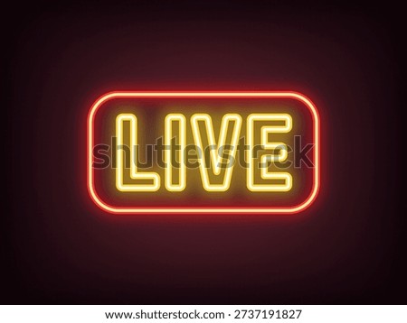 Outline neon Live text icon, red yellow. Neon Live tag with frame. Livestream sport game, live play. Music radio on air, broadcast interview. News and tv show on air, live podcast. Vector