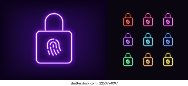 Outline neon lock icon. Glowing neon lock frame with fingerprint sign, safe digital access pictogram. Cyber security, biometric scan, personal identification, verification check. Vector icon set