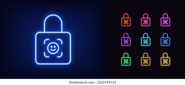 Outline neon lock ID icon. Glowing neon lock frame with face ID scanner sign, safe digital access. Cyber security, biometric facial scan, personal identify, verification check. Vector icon set
