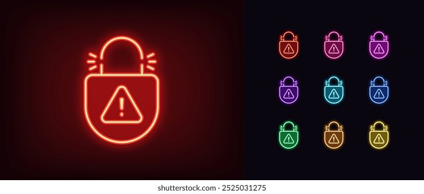 Outline neon lock picking icon set. Glowing neon broken lock with danger warning, destroyed digital protection. Security hacking, cyber attack guard, hacked protection of private data. Vector icons