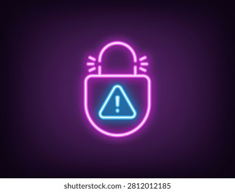 Outline neon lock picking icon, magenta blue. Neon broken lock with danger warning, destroyed digital protection. Security hacking, cyber attack guard, hacked protection of private data. Vector