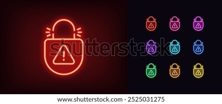 Outline neon lock picking icon set. Glowing neon broken lock with danger warning, destroyed digital protection. Security hacking, cyber attack guard, hacked protection of private data. Vector icons