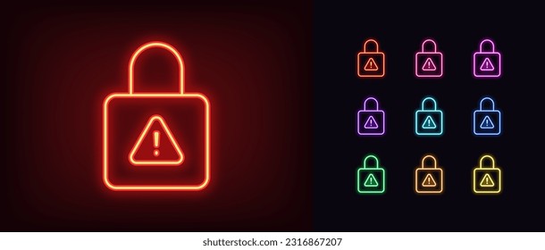 Outline neon lock warning icon. Glowing neon lock with exclamation mark, hacking attempt. Cyber security threat, unreliable protection, access restriction, risk warning, unsafe data. Vector icon set