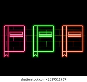 Esquema de neón icono de libro de amor. Marco de neón brillante del libro con el signo del corazón, pictograma romántico de la historia. Libro favorito y libro electrónico Biblioteca, novela romántica y poesía, literatura de amor. Conjunto de iconos de Vector.