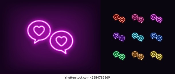 Umreißen Sie Neon Love Chat Icon Set. Verleugnende Neon-Blase-Nachrichten mit Herz, Online-Dating-Chat. Liebe Kommunikation, romantischer Vortrag, Dating-App. Private Dattelservice, Liebesgespräche. Vektorsymbol-Set