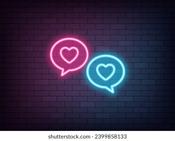 Outline neon love chat, pink blue vector icon. Glowing neon bubble messages with heart, online dating chat. Love communication, romantic talk, dating app. Private date service, love conversation