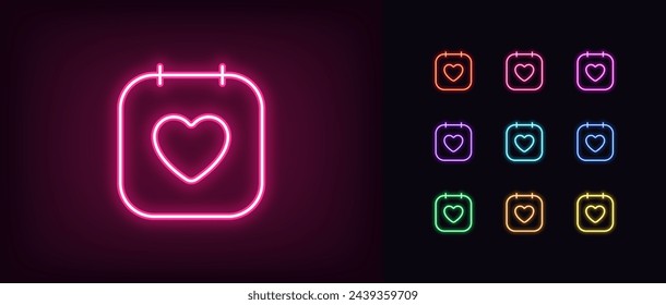 Outline neon love dating icon set. Glowing neon calendar page with heart sign. Wedding day, love meeting, dating app, birthday date reminder, favorite event planner, romantic appointment. Vector icons