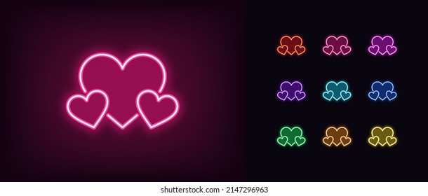 Outline Neon Love Hearts Icon. Glowing Neon Heart Set, Love And Charity Pictogram. Donation, Healthcare, Charitable Foundation And Volunteer Community, Philanthropy. Vector Icon Set, Symbol For UI