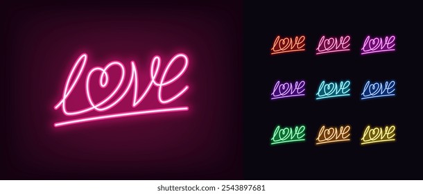 Contorno neon amor lettering ícone conjunto. Palavra de amor neon brilhante com coração, texto caligráfico linear. Amo escrita em itálico, inscrição de caligrafia, escrita cursiva romântica, caligrafia amour. Ícone de vetor