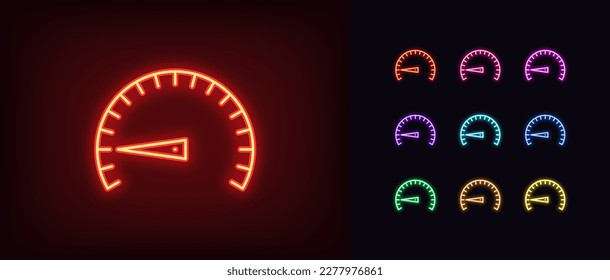 Outline neon low speed icon. Glowing neon speedometer with scale and arrow, slow velocity and low efficiency pictogram. Speed test and indicator, minimal level, bad output capacity. Vector icon set svg