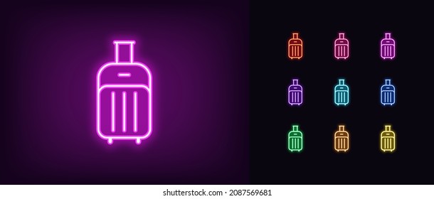 Outline neon luggage icon. Glowing neon baggage sign, trip bag pictogram in vivid colors. Traveling with luggage, baggage storage, travel bag shop, trolley suitcase. Vector icon set, symbol for UI