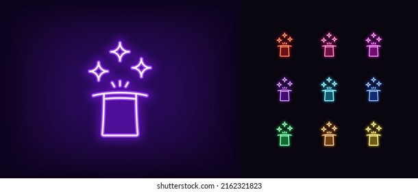 Contorno el icono de sombrero mágico neón. Sombrero mágico de neón brillante con rayos y estrellas, pictograma de tapón de mago. Sombrero ilusionista, enfoque y truco, ilusión, espectáculo mágico y actuación de circo. Conjunto de iconos del vector