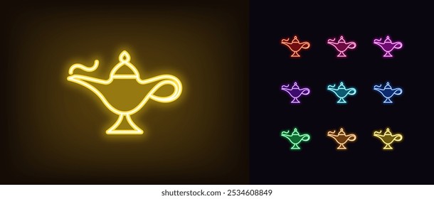 Kontur Neon magische Lampe Symbol-Set. Glühende Neon Magic Genie Lampe für Wünsche, arabischen Schatz. Östliche Geschichte, Genie Schatz, goldene Öllampe, arabischer Luxus, magisches Wunder, Wünsche machen. Vektorsymbole