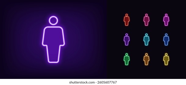 Outline neon man person icon set. Glowing neon male figurine icon, man silhouette. Male gender, human figurine, men locker room, restroom, gentleman WC sign, changing room and washroom. Vector icons