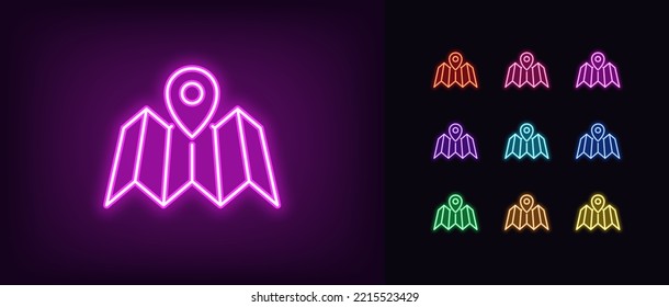 Icono de mapa de neones de esquema. Mapa de neón brillante con marcador de pin, pictograma del puntero del mapa. Lugar de navegación, punto de destino, ubicación de la carretera y marcador de posición del lugar, buscar dirección. Conjunto de iconos del vector